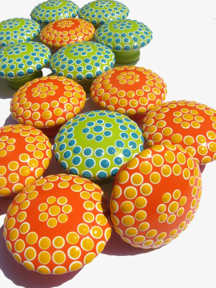 14 Hand Painted Drawer Knobs Dotted Orange and Green Pulls