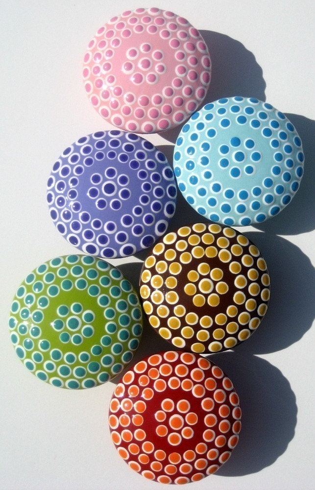 Set of 6 Dotted Drawer Knobs: Green, Red, Brown, Blue, Lavender and Pink Spotted Drawer Pulls