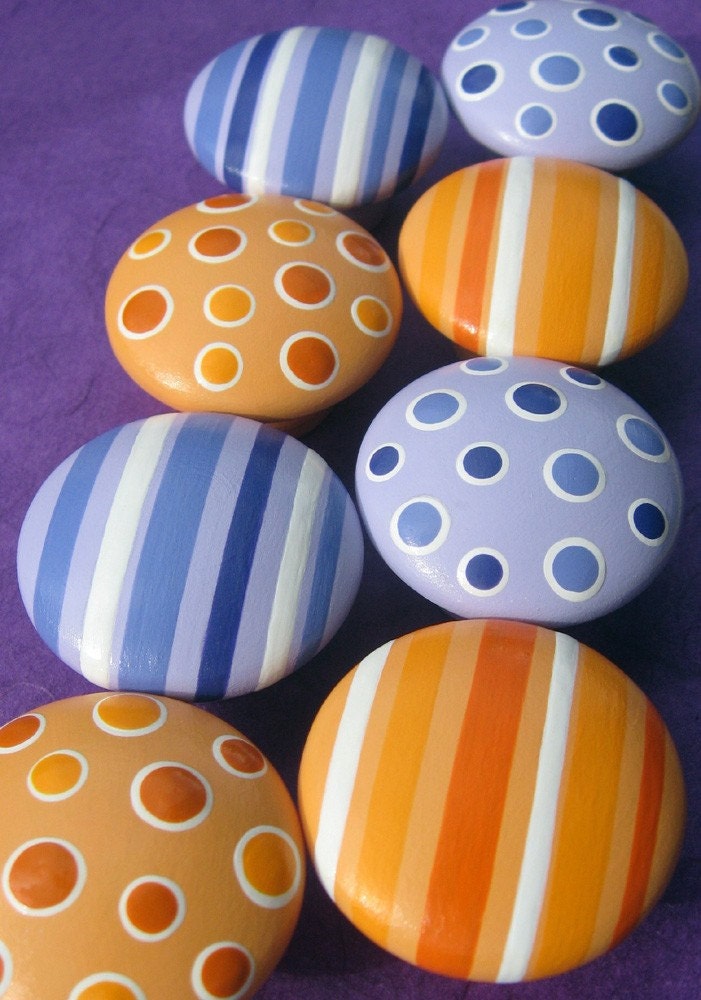 Hand Painted Drawer Knobs: Orange, Purple, Lilac and White, Spotted and Striped, Set of 8
