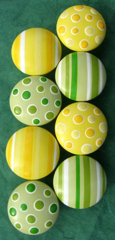 Lemon Yellow, Green and White Polka Dots and Stripes -  Hand Painted Drawer Knobs Set of 8