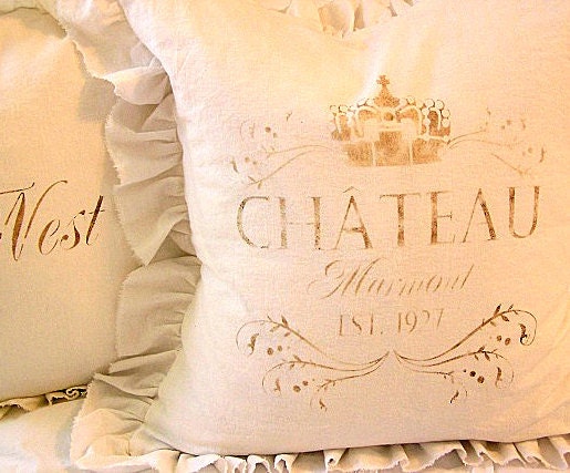 Made to Order Shabby French Chic White Linen Pillow (SLIP COVER ONLY) Faded Brown Chateau Marmont Design