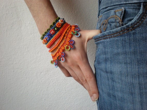 Fuchsia Magdalenae ... Freeform Crochet Cuff - Flowers - Orange Red Blue Lime
