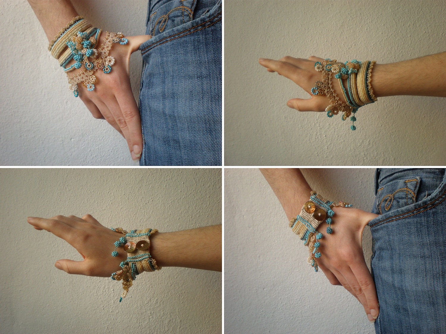 Fuchsia Pilaloensis ... Freeform Crochet Cuff - Flowers - Cream Beige Teal Blue
