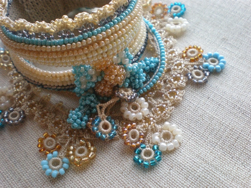Fuchsia Pilaloensis ... Freeform Crochet Cuff - Flowers - Cream Beige Teal Blue