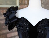 Vintage 80s Climax Karen Okada for David Howard Black Velvet Satin Sequin Cocktail Dress
