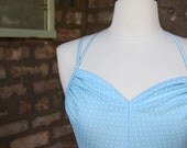 Vintage 70s Maxi Dress Blue White Polka Dot Razor Back Ruffle Maxi Dress