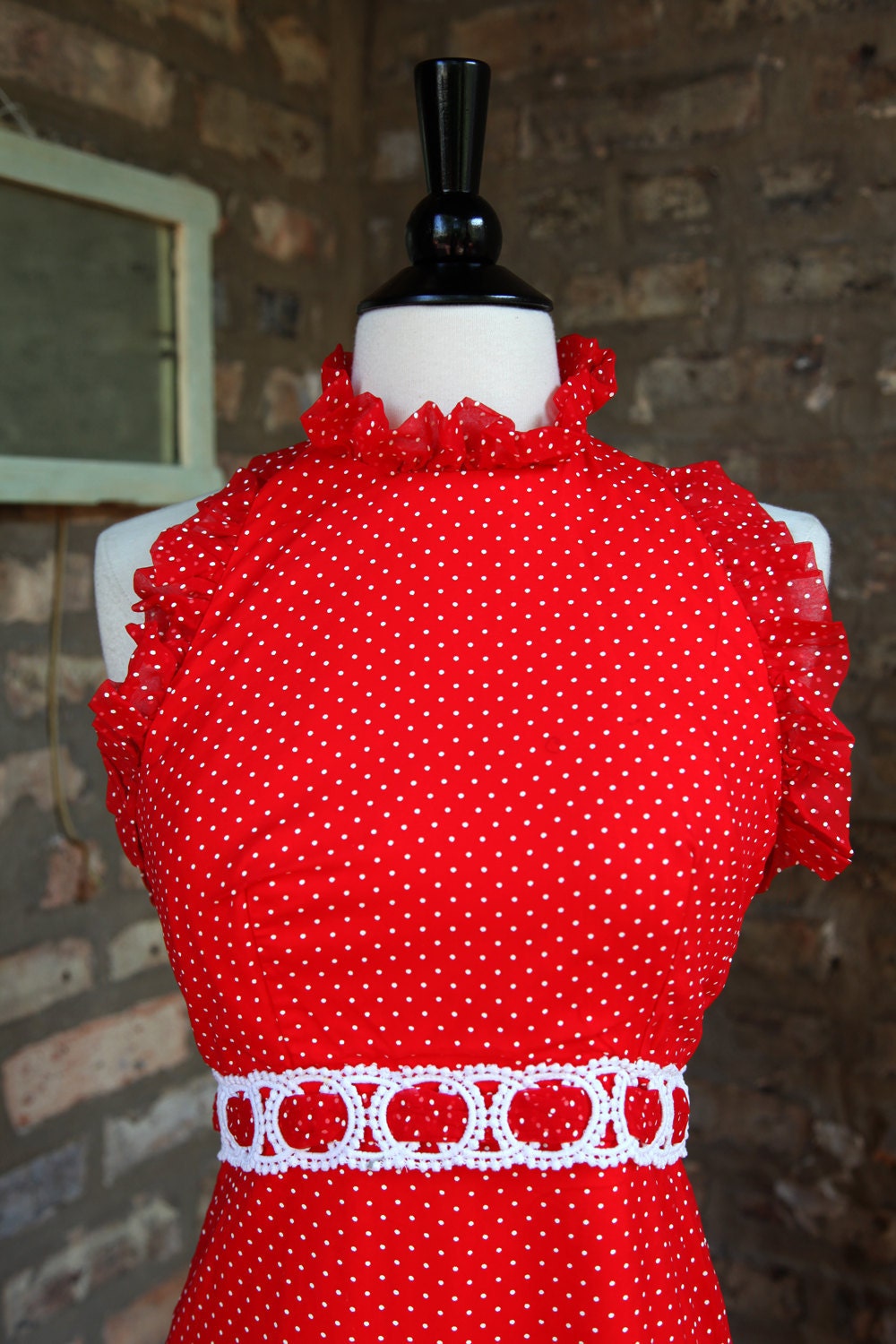 Vintage 60s Nadine Dress Red White Polka Dot Halter Ruffle Maxi Dress Shoulder Wrap