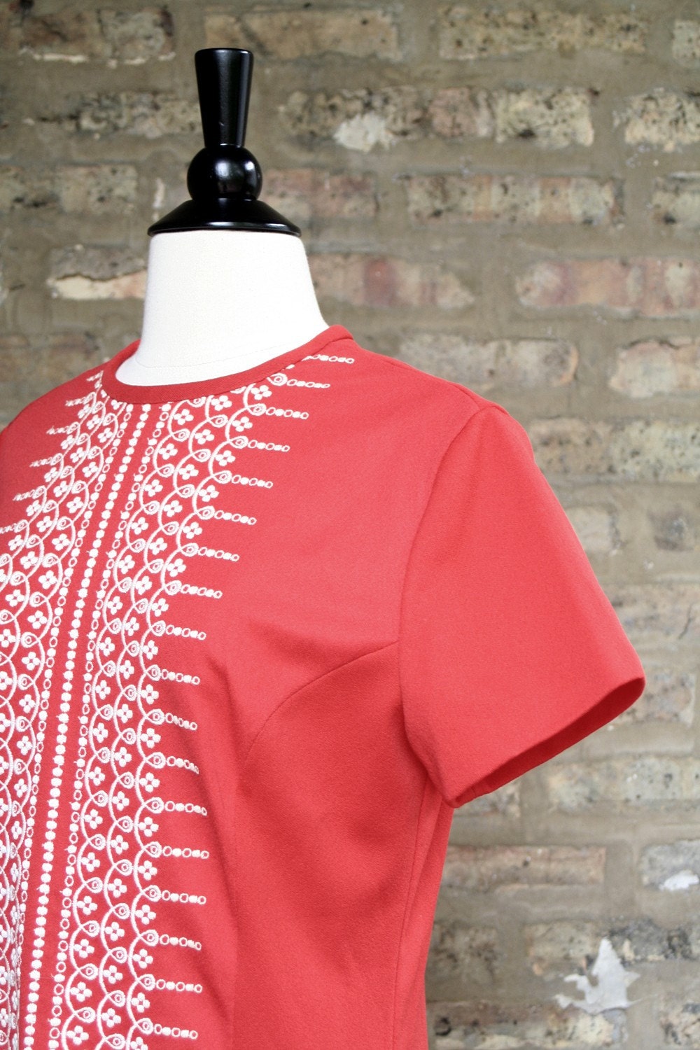 Vintage Red White Embroidered Mod Dress