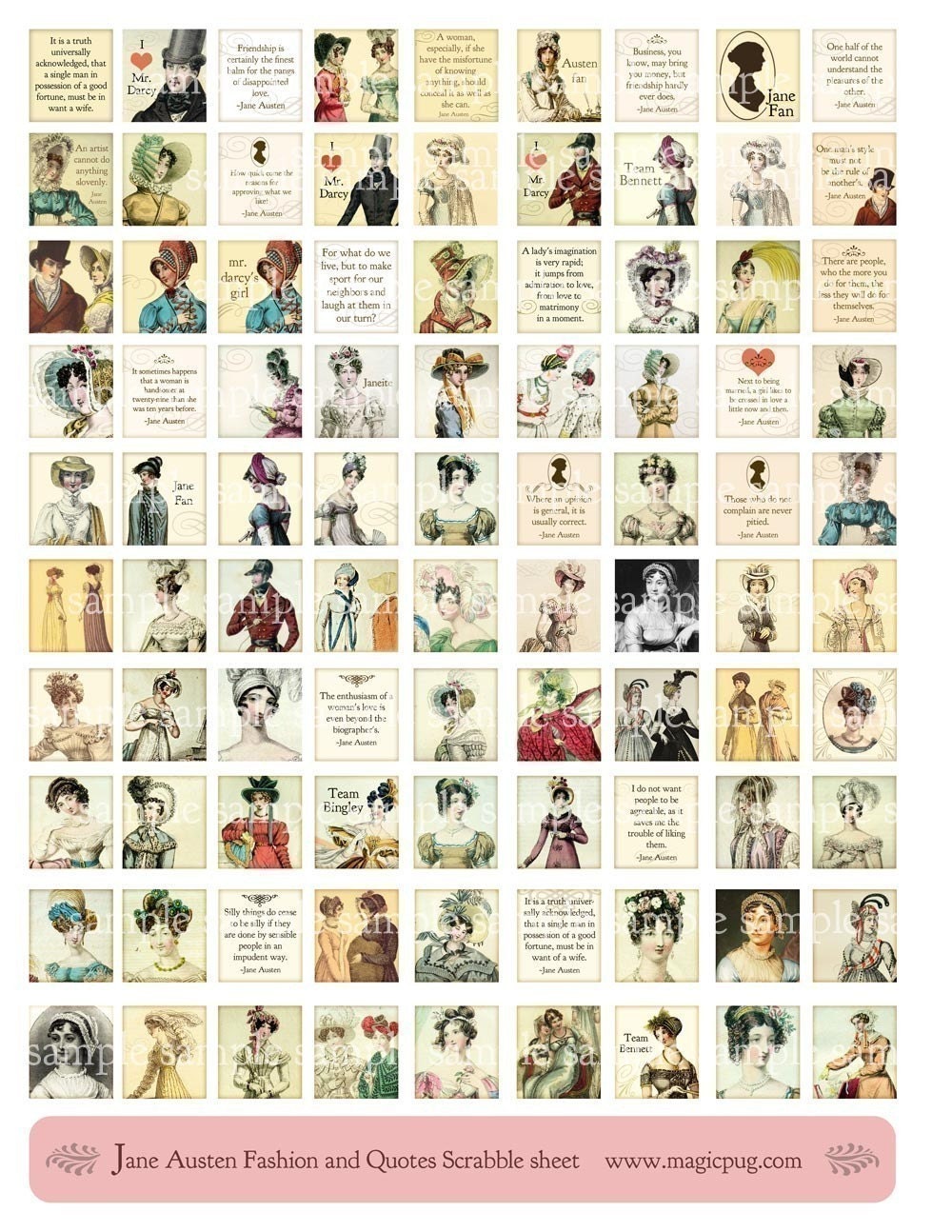 Jane Austen Quotes and Regency Fashion Digital Collage Scrabble Sheet .75 x .83 in 19mm x 21mm pink yellow sepia pale blue fashion costume