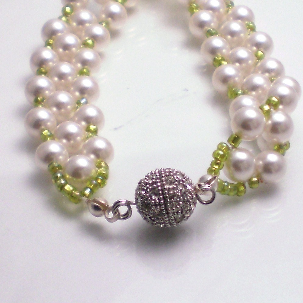 Handmade Bracelet Pearls, White,  Green,  Spring