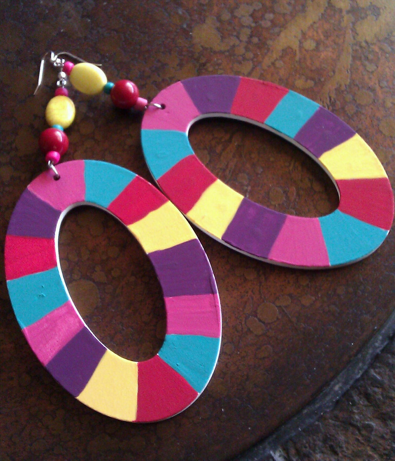 Color Blocking Hand Painted Wooden Beaded Dangle earrings