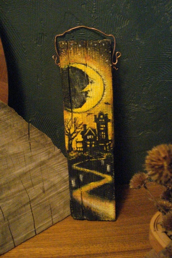 Primitive Halloween Folk Art Painting on Reclaimed Wood Panel Crescent Moon and Haunted House