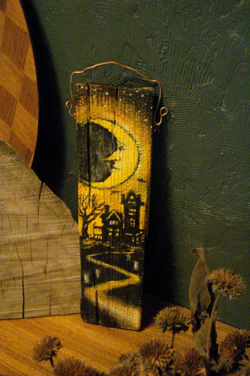 Primitive Halloween Folk Art Painting on Reclaimed Wood Panel Crescent Moon and Haunted House