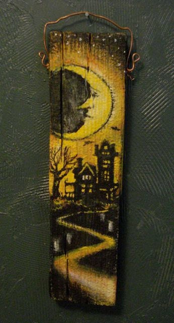 Primitive Halloween Folk Art Painting on Reclaimed Wood Panel Crescent Moon and Haunted House