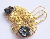 Gold Filigree Earrings, Dark Gray Flower Dangle Earrings, Handmade, Leila