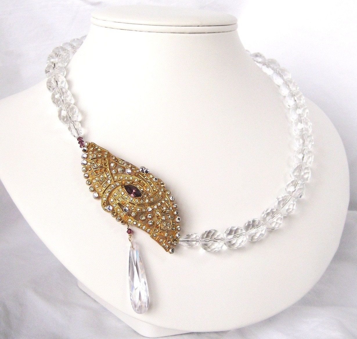 Clear Crystal Necklace, Vintage Rhinestone, Gold, Handmade, Auntie Mame
