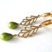 Olive Luster Drop Clip-on Earrings, Brass Leaf Clipons, Gold Ear Clips, Mariana Green