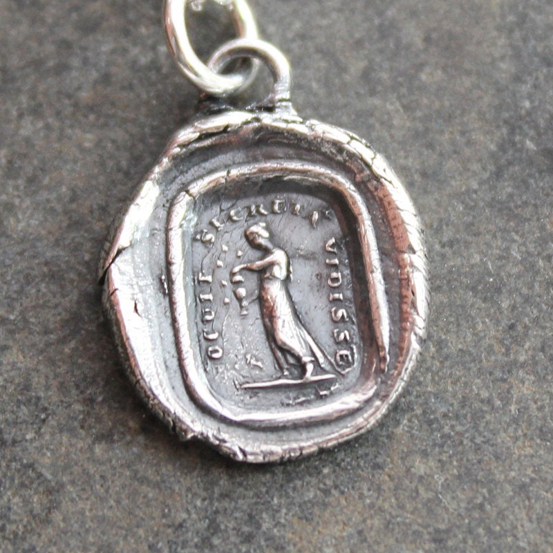 Pandora opening the fatal box - Latin Wax Seal Necklace in Fine Silver - greek mythology latin motto