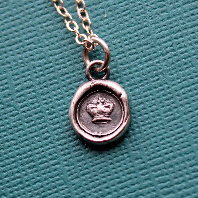 tiny crown wax seal necklace - wax seal jewelry in fine silver, eco friendly, princess crown necklace