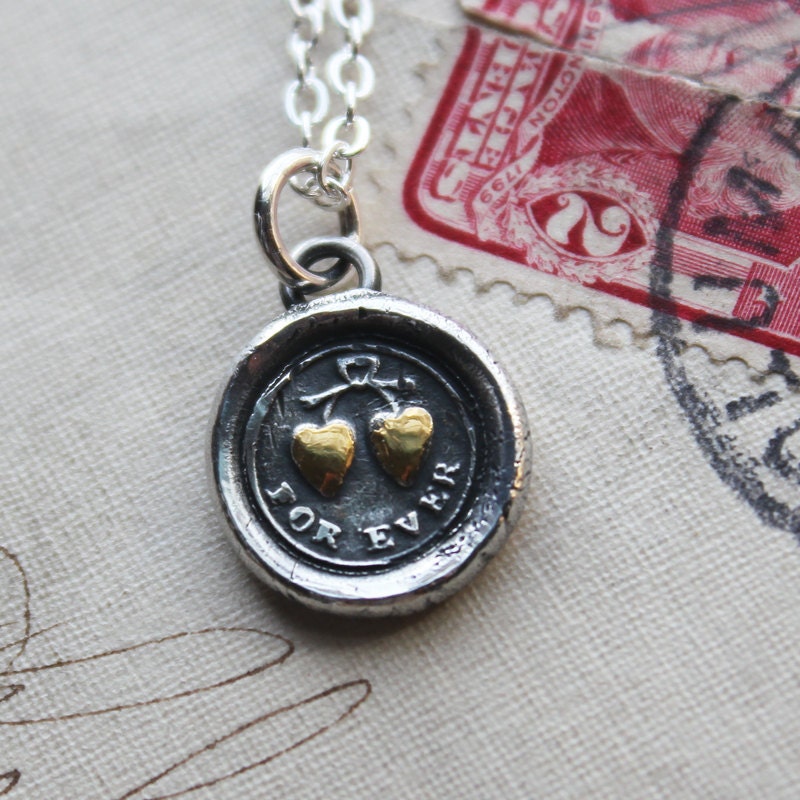 FOREVER Wax Seal Necklace in fine silver and 22kt gold - Antique Wax Seal- tied hearts, eternal love - I'm forever yours