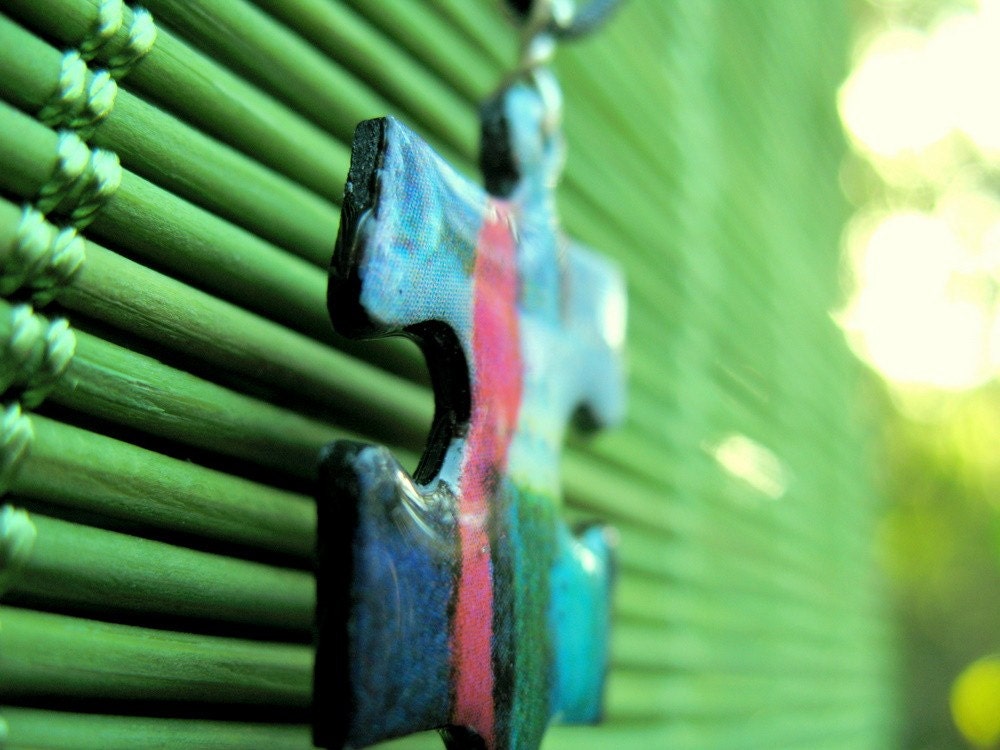 Puzzle piece pendant - blue, pink, green and black