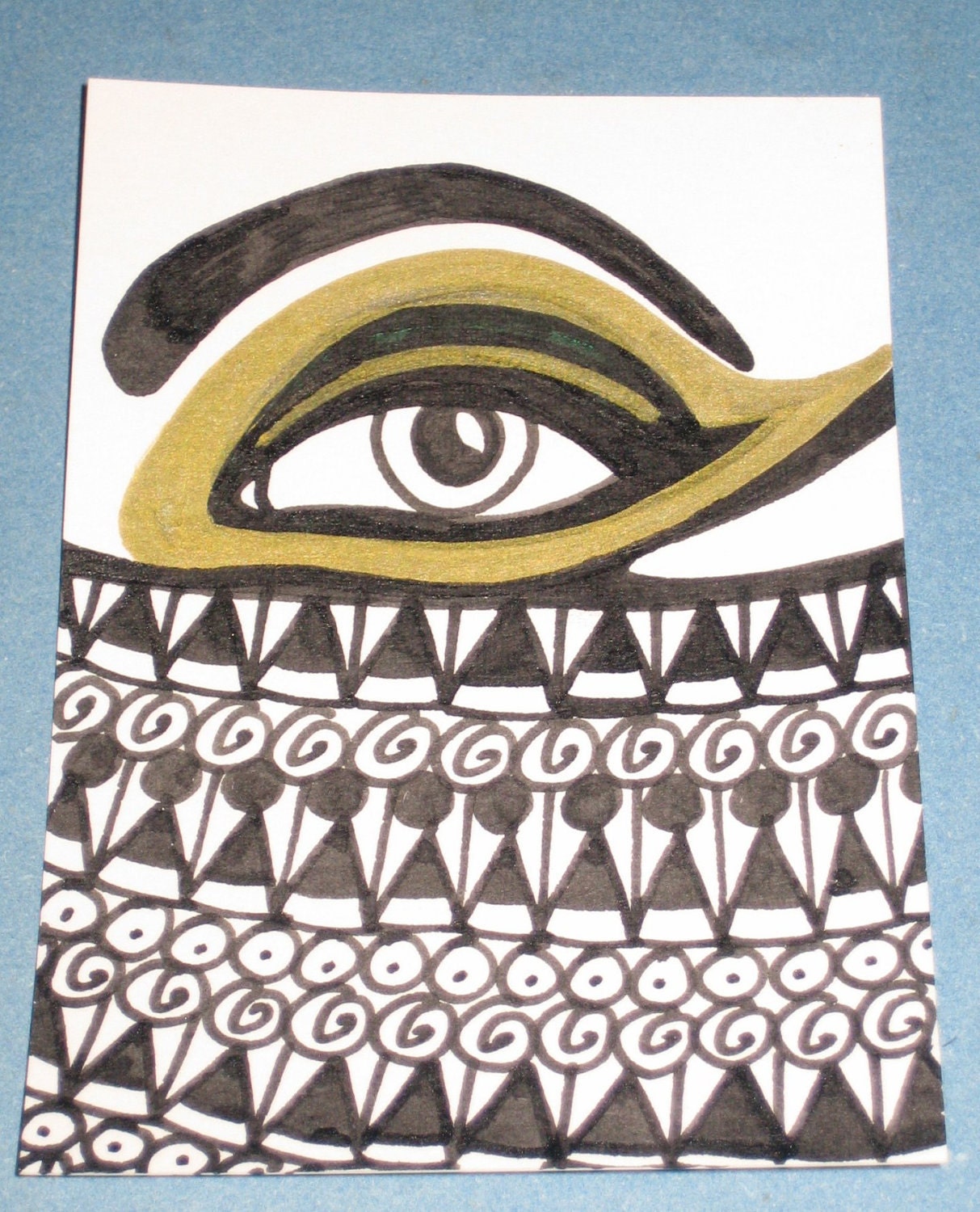 Original Drawing ACEO Black and White and Gold Eye Design