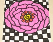 Original Drawing ACEO Pink Flower and Black and White Checks Design