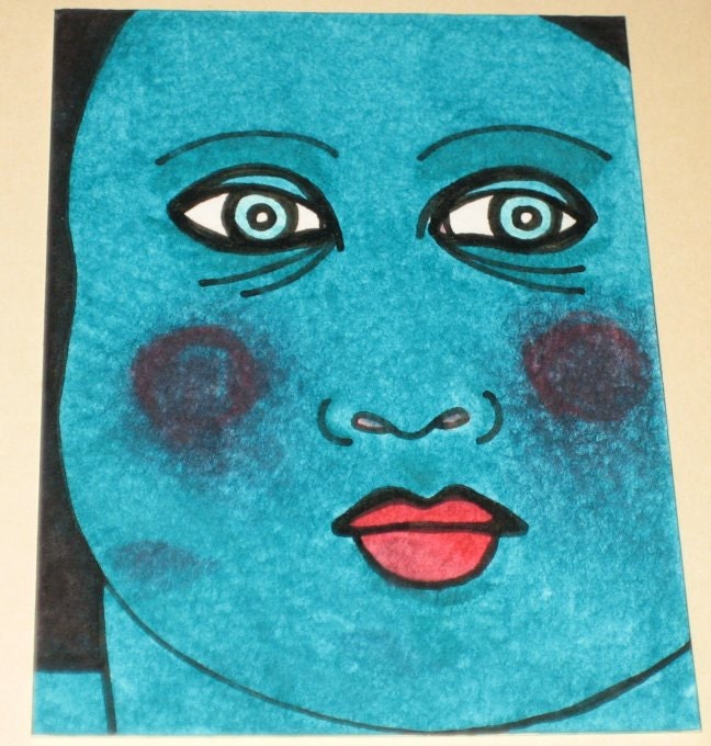 Original Drawing ACEO Blue Face Design