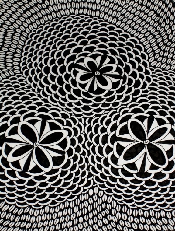Original PEN and INK Drawing 3 Big Flowers