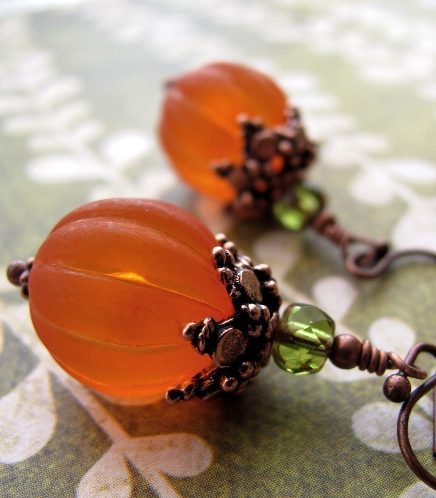 Orange Pumpkin Earrings, Vintage Style Halloween Jewelry, Antiqued Copper, Thanksgiving, Gift for Gardener, Pumpkin Jewelry - ShySiren