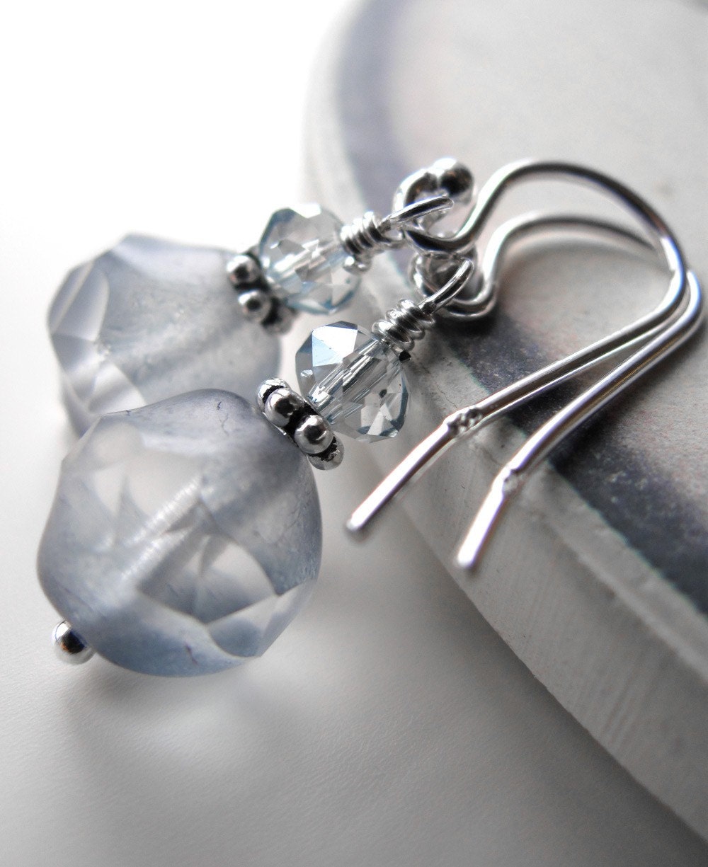 Petite Frosted Ice Blue Earrings - Soft Winter Blue Earrings, Sterling Silver, Matte Glass Beads, Bridesmaid Earrings, Small Blue Earrings