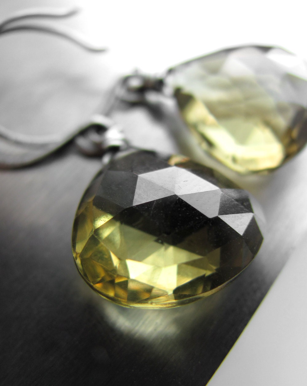Olive Green Quartz Gemstone Earrings - Yellow-Green Heart-Faceted Briolette Teardrop Earrings, Oxidized Sterling Silver - Dirty Martini