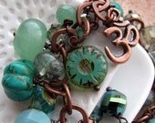 Karma Bracelet, OM Aum Charm Bracelet, Gemstone Glass Dangle Bracelet, Teal, Turquoise, Green, Aqua, Yoga Jewelry Gift, OM Jewelry