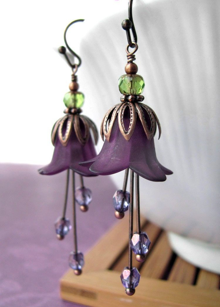 Romantic Deep Purple Flower Earrings - Rich, Dark Purple Flowers, Antiqued Copper, Gift for Gardener, Garden Wedding, Vintage Style Jewelry