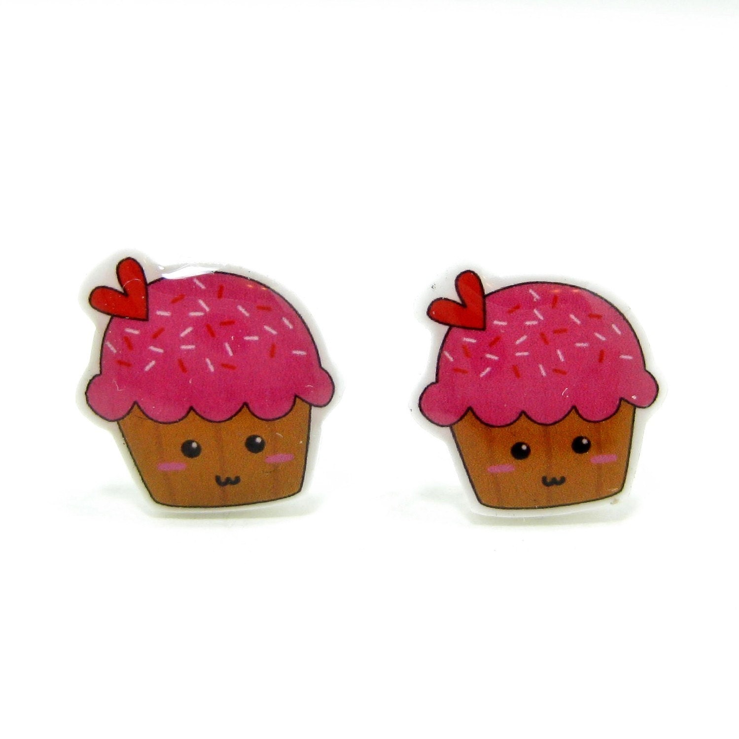Pink Cupcake Earrings - Sterling Silver Posts Studs Kawaii Cute