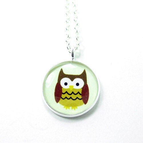 Owl Necklace  -  Brown Cream Kawaii Cute Silver Plated 17 inch