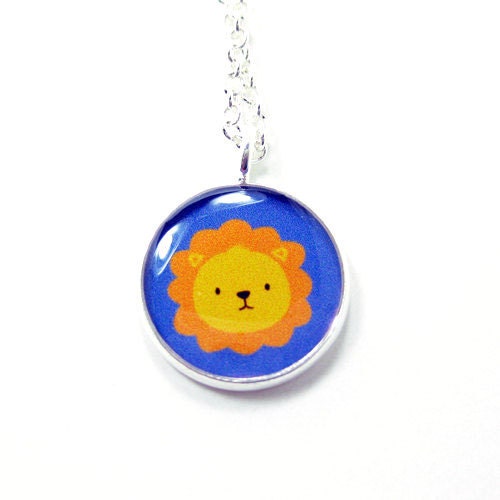 Lion Necklace  -  Kawaii Cute Blue Yellow Orange Silver Plated 17 inch