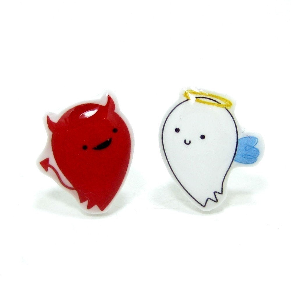 Good vs. Evil Earrings - Red White Sterling Silver Posts Studs Kawaii Cute