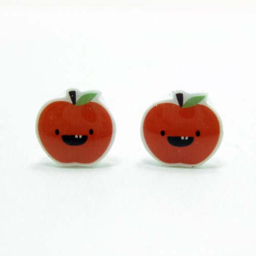 Dorky Apple Earrings - Red Sterling Silver Posts Studs Kawaii Cute