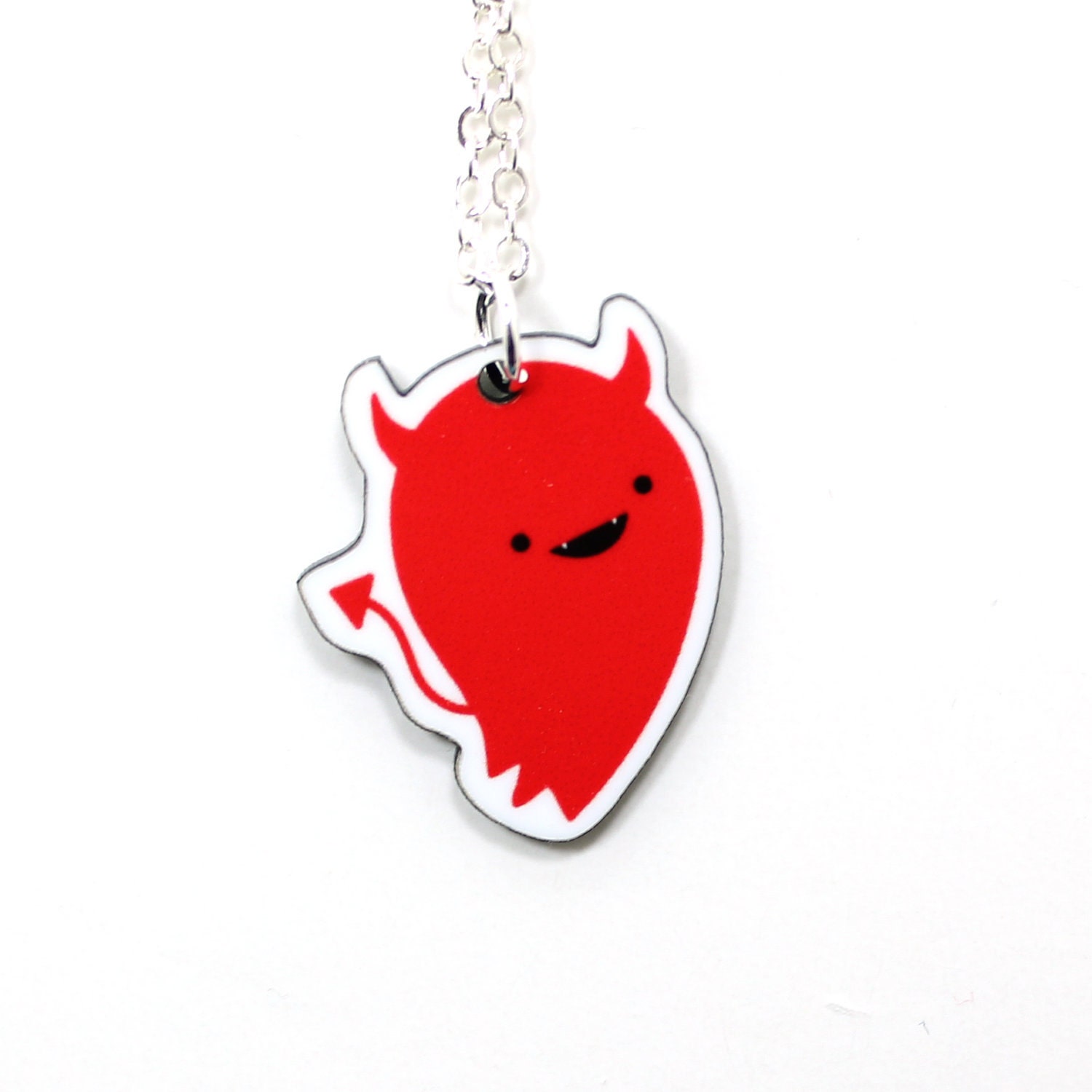 Devil Acrylic Charm Necklace on Silver Plated Chain - Red Kawaii Cute