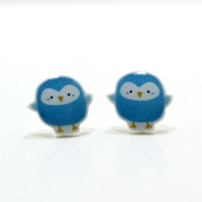 Blue Budgie Earrings -Sterling Silver Posts Studs Kawaii Cute