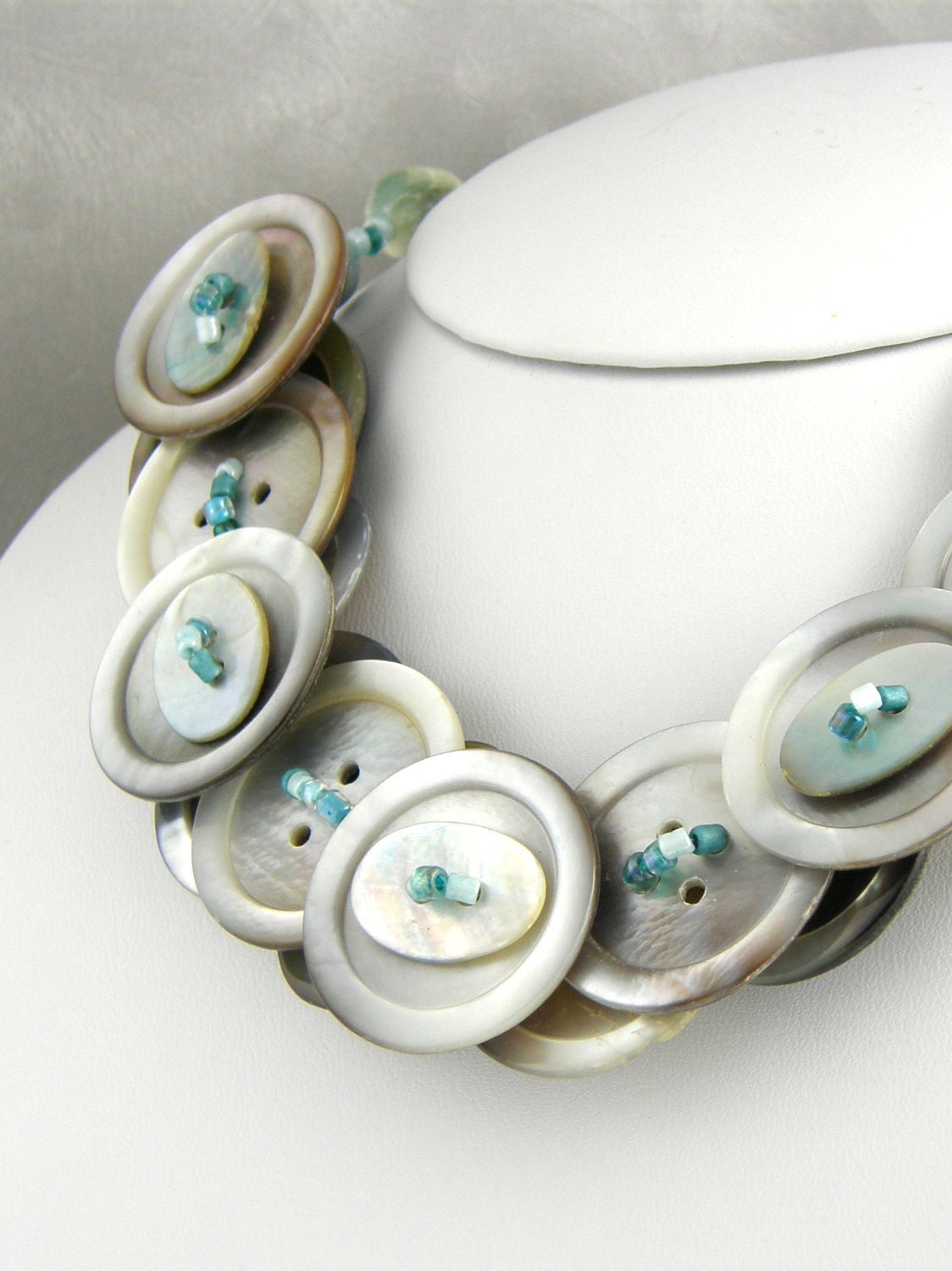 Layered Mother of Pearl Button Necklace Blue Silver