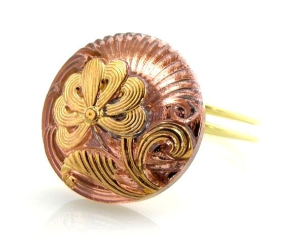 Pink Gold Flower Czech Glass Button Ring on Etsy