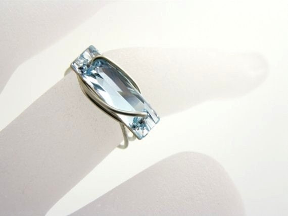 Swarovski Crystal Ring Baguette Aquamarine Art Deco