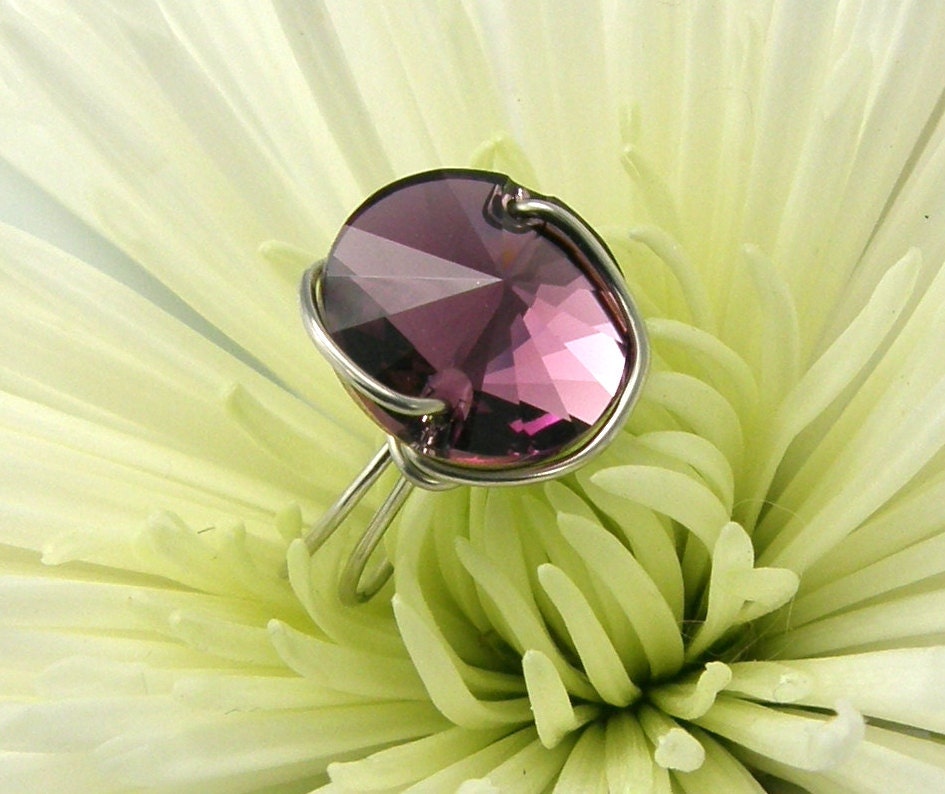 RESERVED Swarovski Rivoli Button Ring Amethyst Crystal