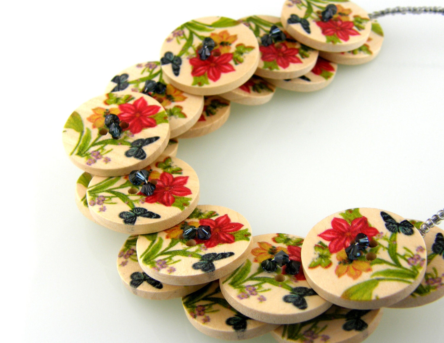 RESERVED  Floral Wood Button Necklace Red and Navy Blue
