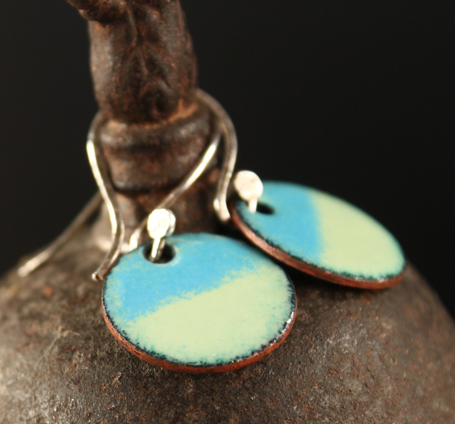 Halves enameled copper earrings Blue and Green