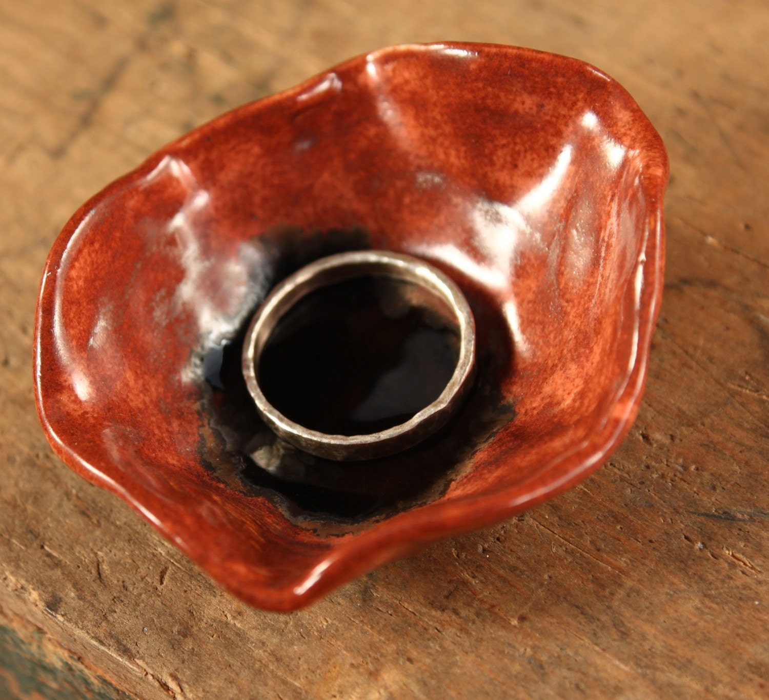 Ring Catcher tiny ceramic bowl Red Brick with black glass