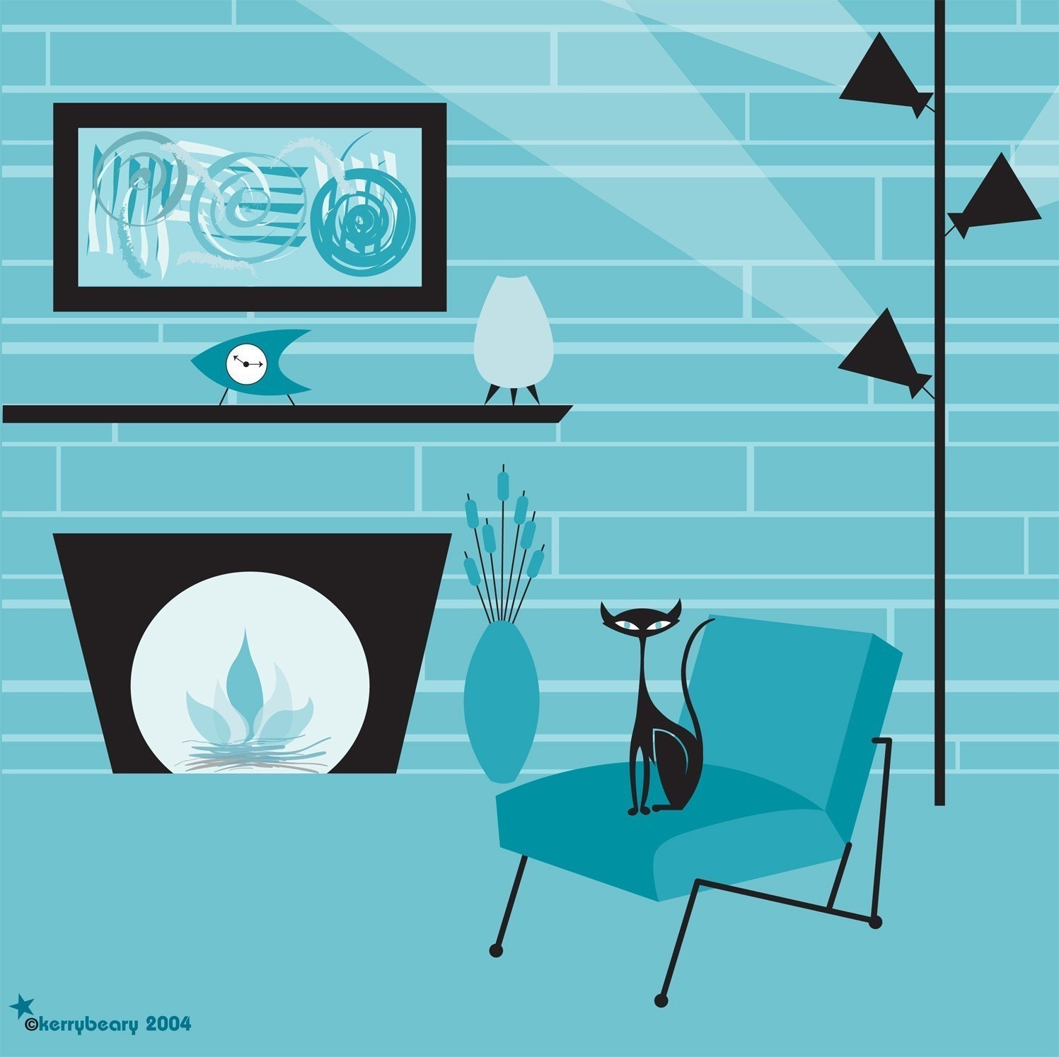 Aqua Lounge - Mod Black Cat Limited Edition Print by Kerry Beary