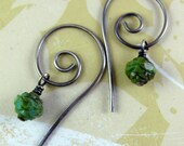 DRAGON spiral earrings, sterling silver spirals, green glass jewelry, fibonacci spiral earrings, guage style spiral, nautilus spiral